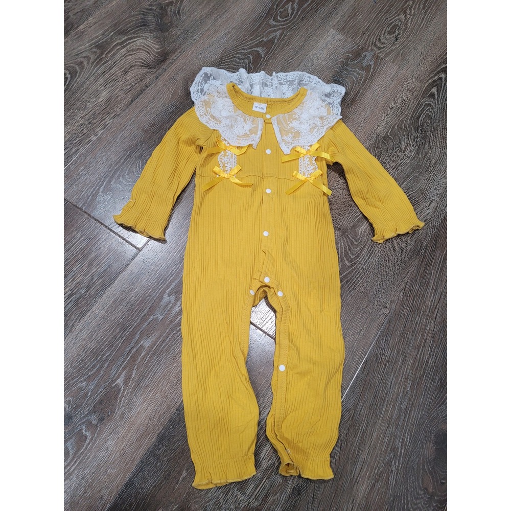 Baby Romper‎ Lace Collar Ribbon Bows Long Sleeve Jumpsuit Outfit 12-18 months #R